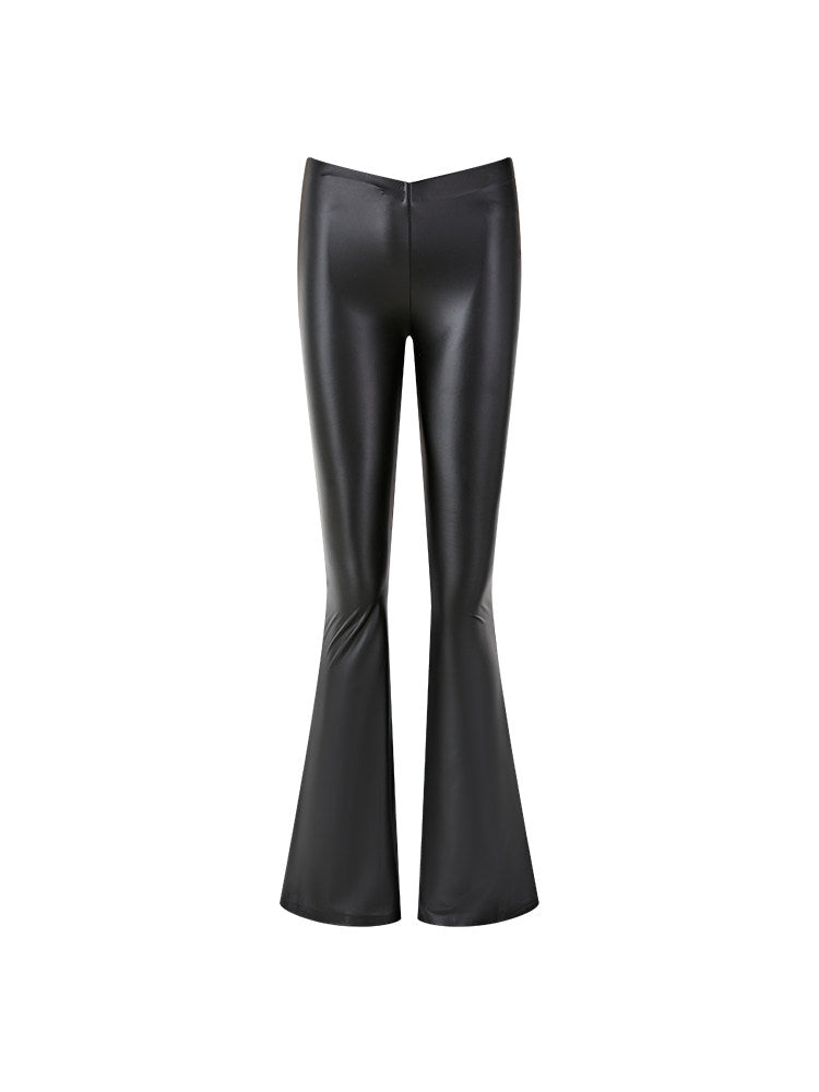 Elastic Faux Leather Pants - Flared Design