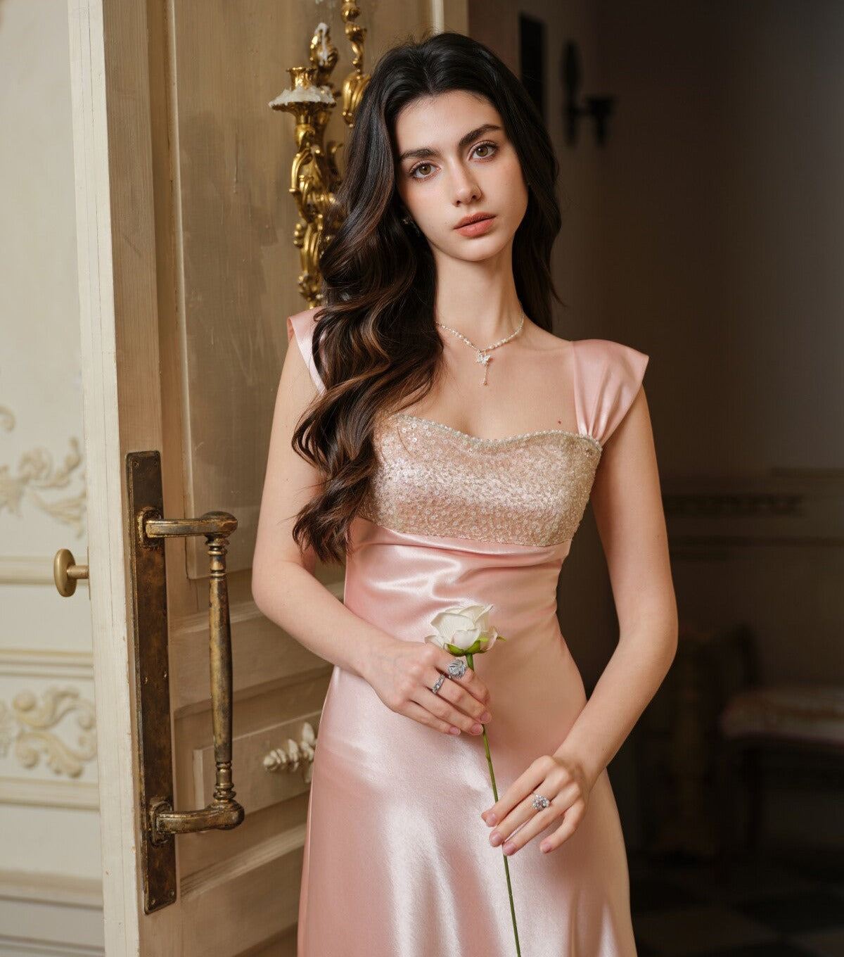 Satin Slip Dress with Bead Embroidery