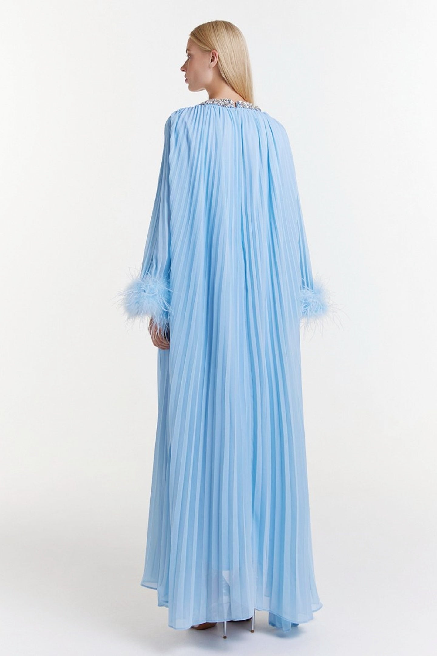 Joy Diamante Feathered Pleated Maxi Chiffon Dress