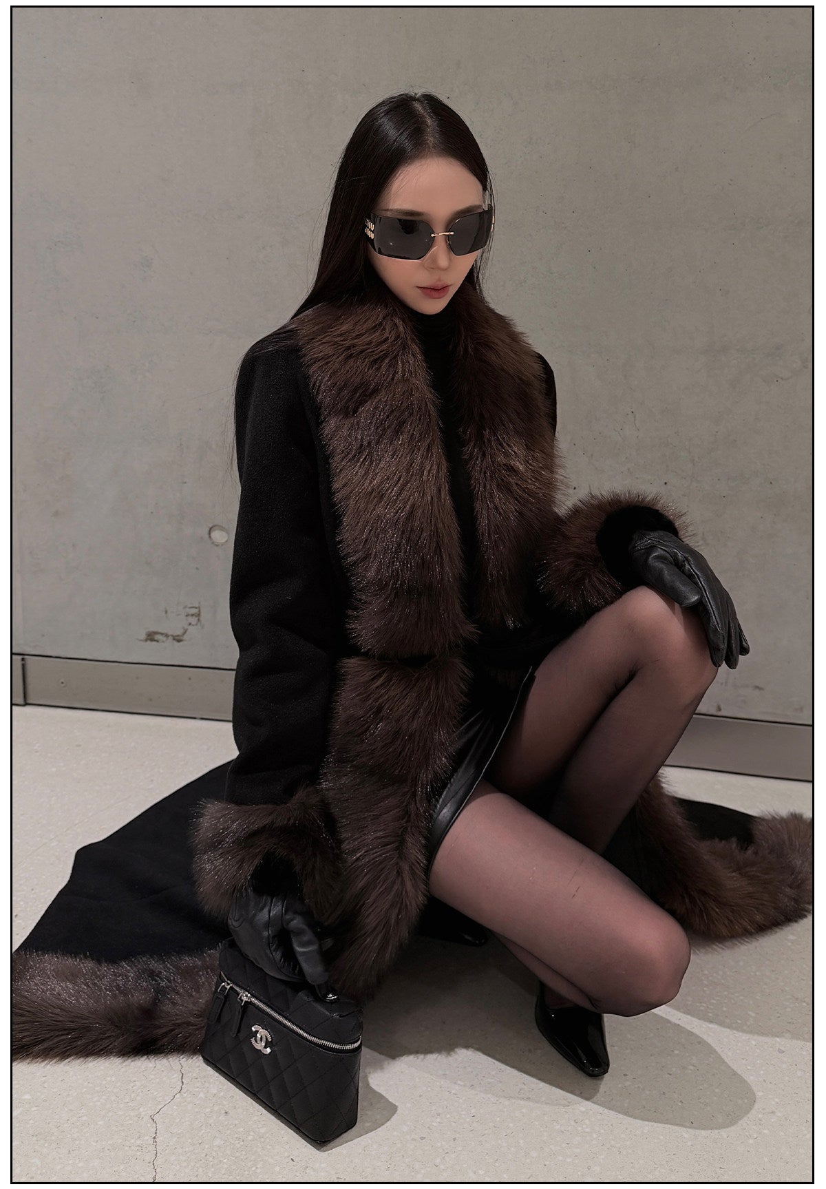 Wool Blend Long Coat with Faux Fur Collar