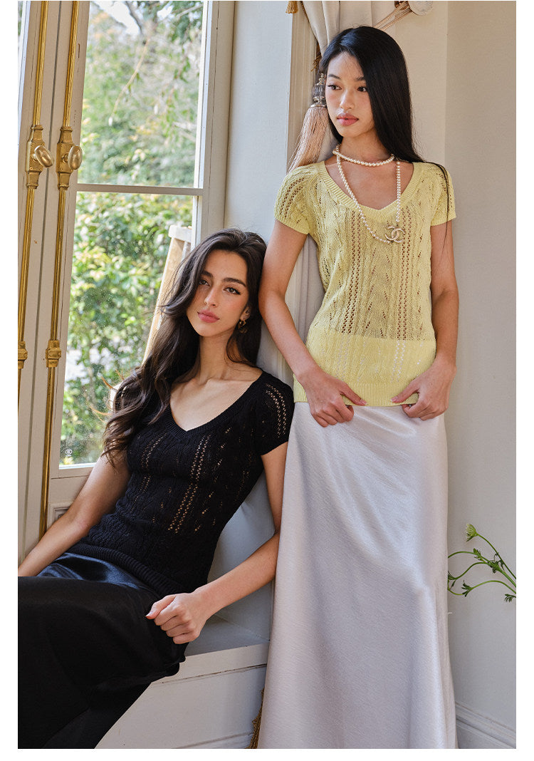 Knitted V-Neck Top - Elegant Cable Knit Design