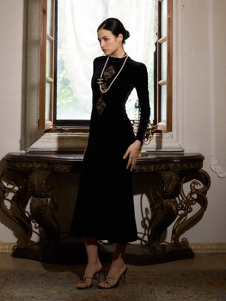 Velvet Dress with Lace Overlay - Elegant Long Dress