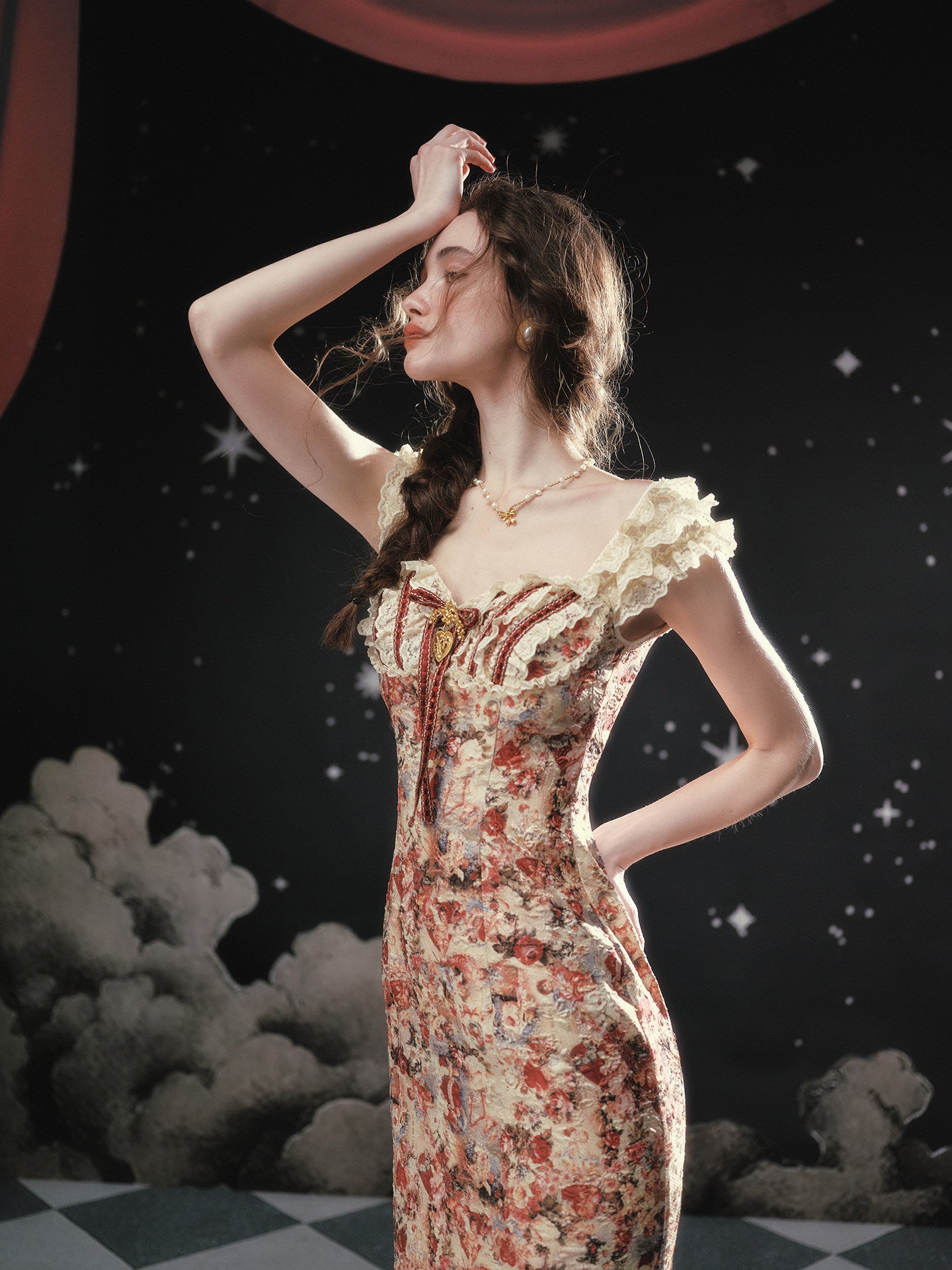 Lace Patchwork Floral Fishtail Dress