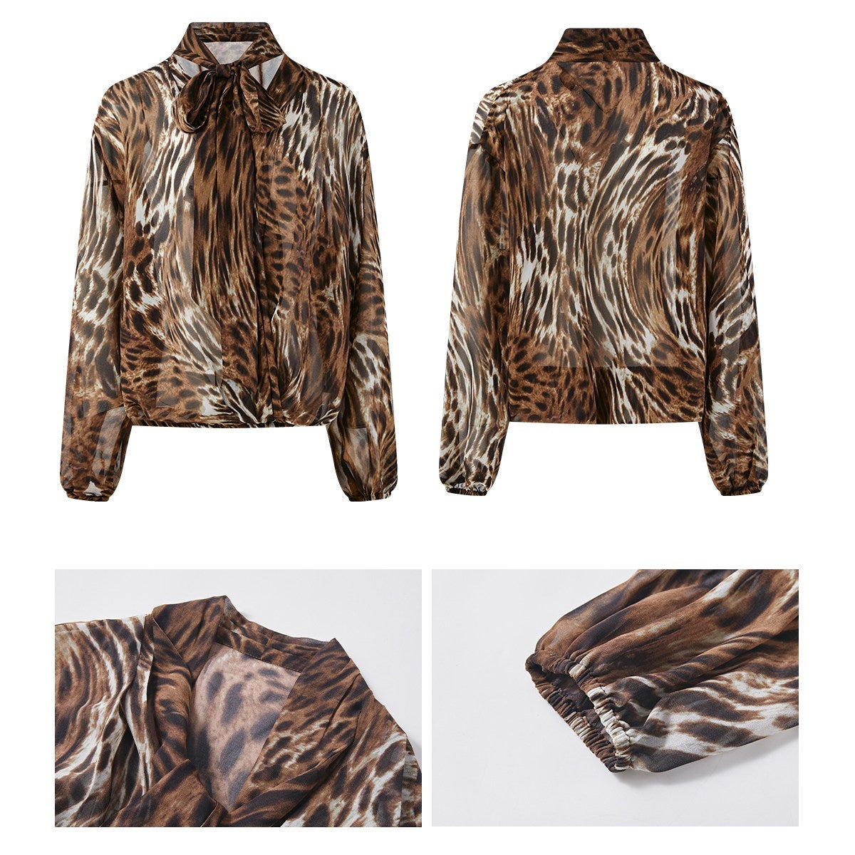 Chiffon Blouse - Leopard Print V-Neck Design