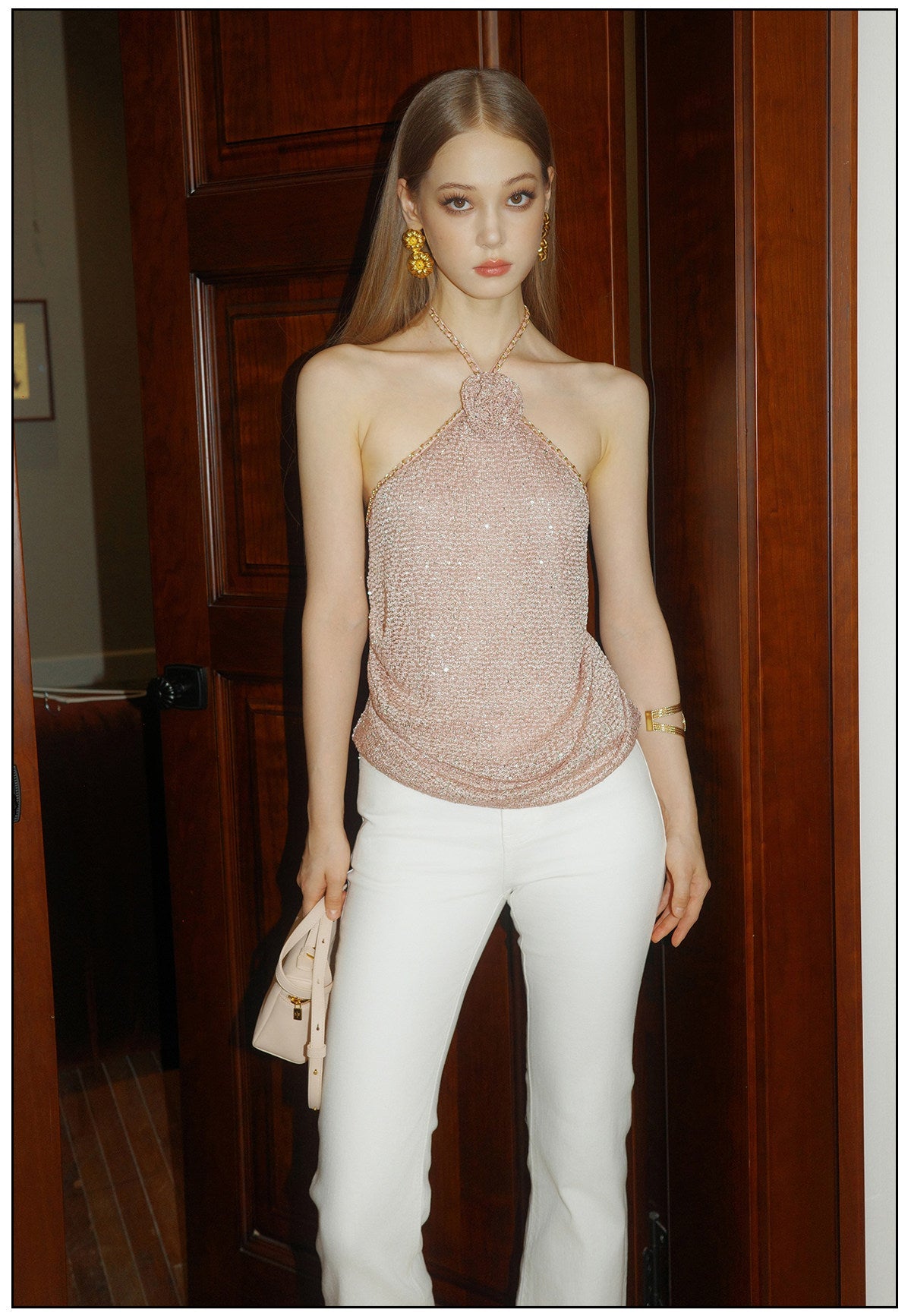 Viscose Halter Neck Top with Rose Embellishments