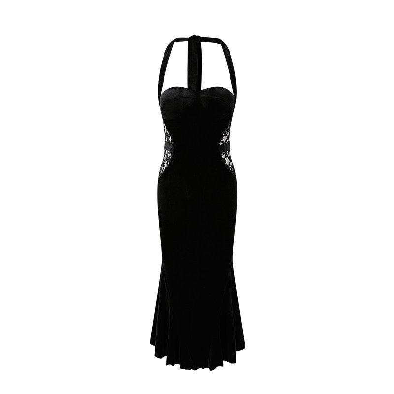 Velvet Lace Dress - Elegant Halter Neck
