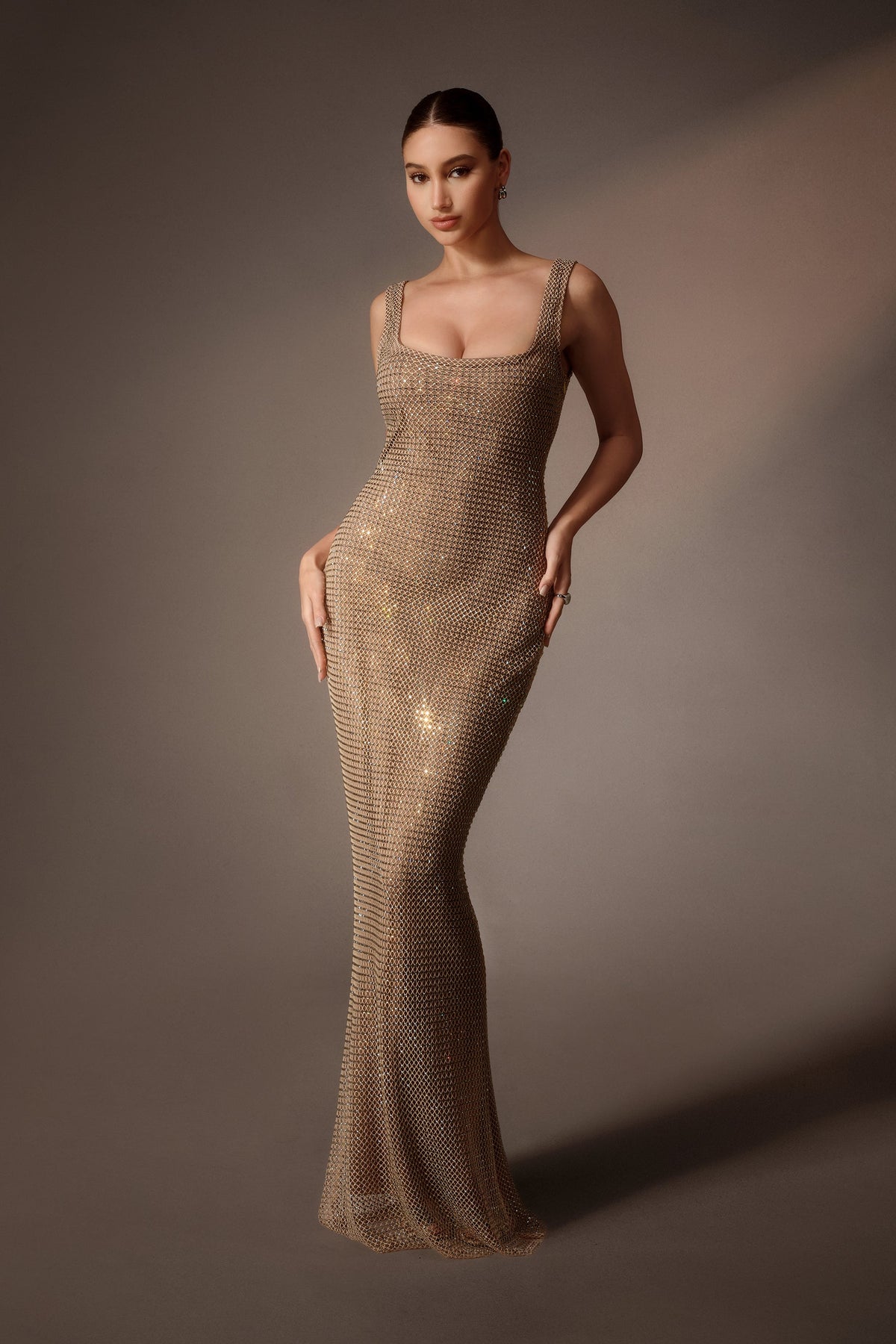 Gold Rhinestone Square-Neck Sleeveless Mermaid Formal Maxi Dress