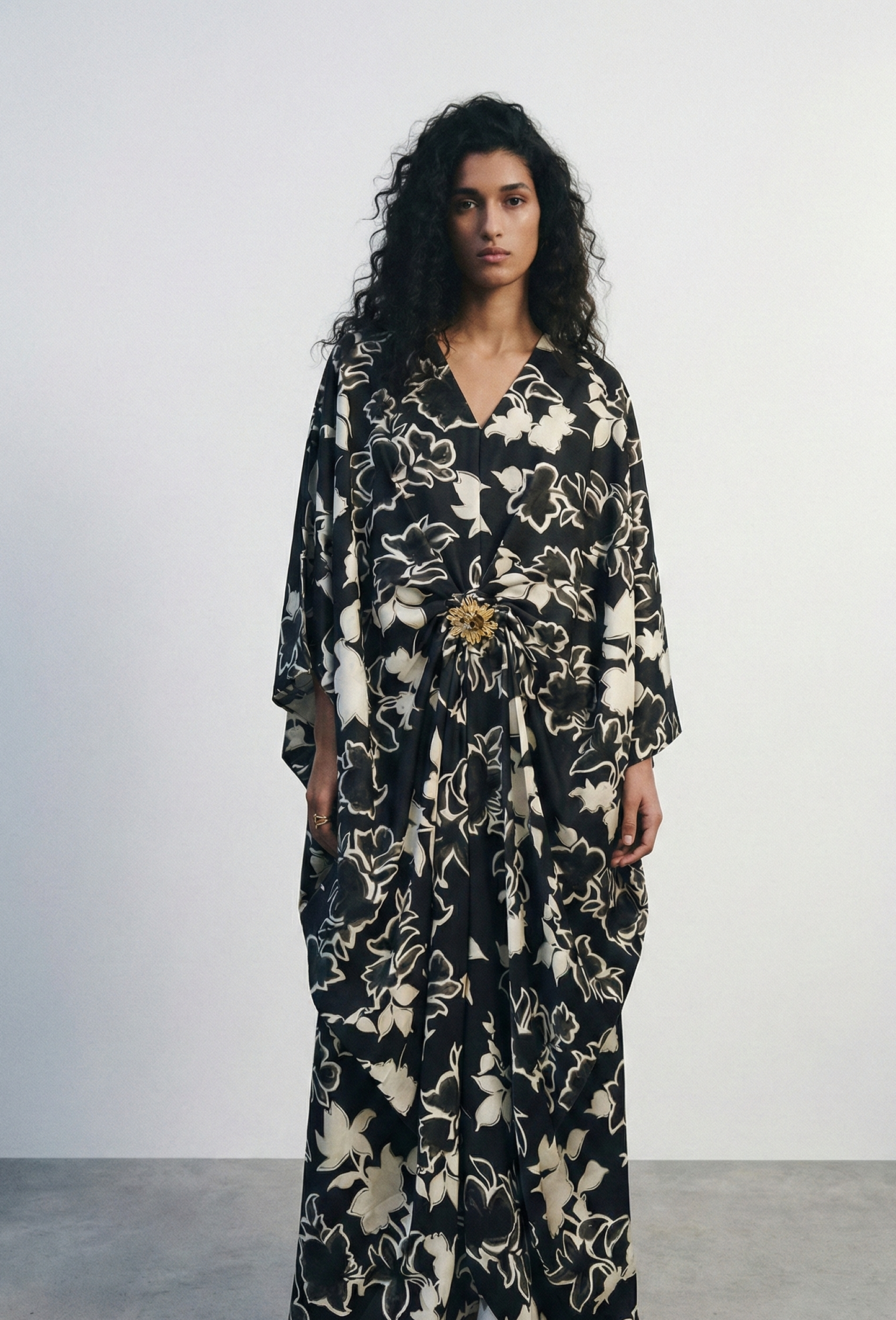 Printed V-Collared Batwing Sleeve Long Dress with Metal Buckle