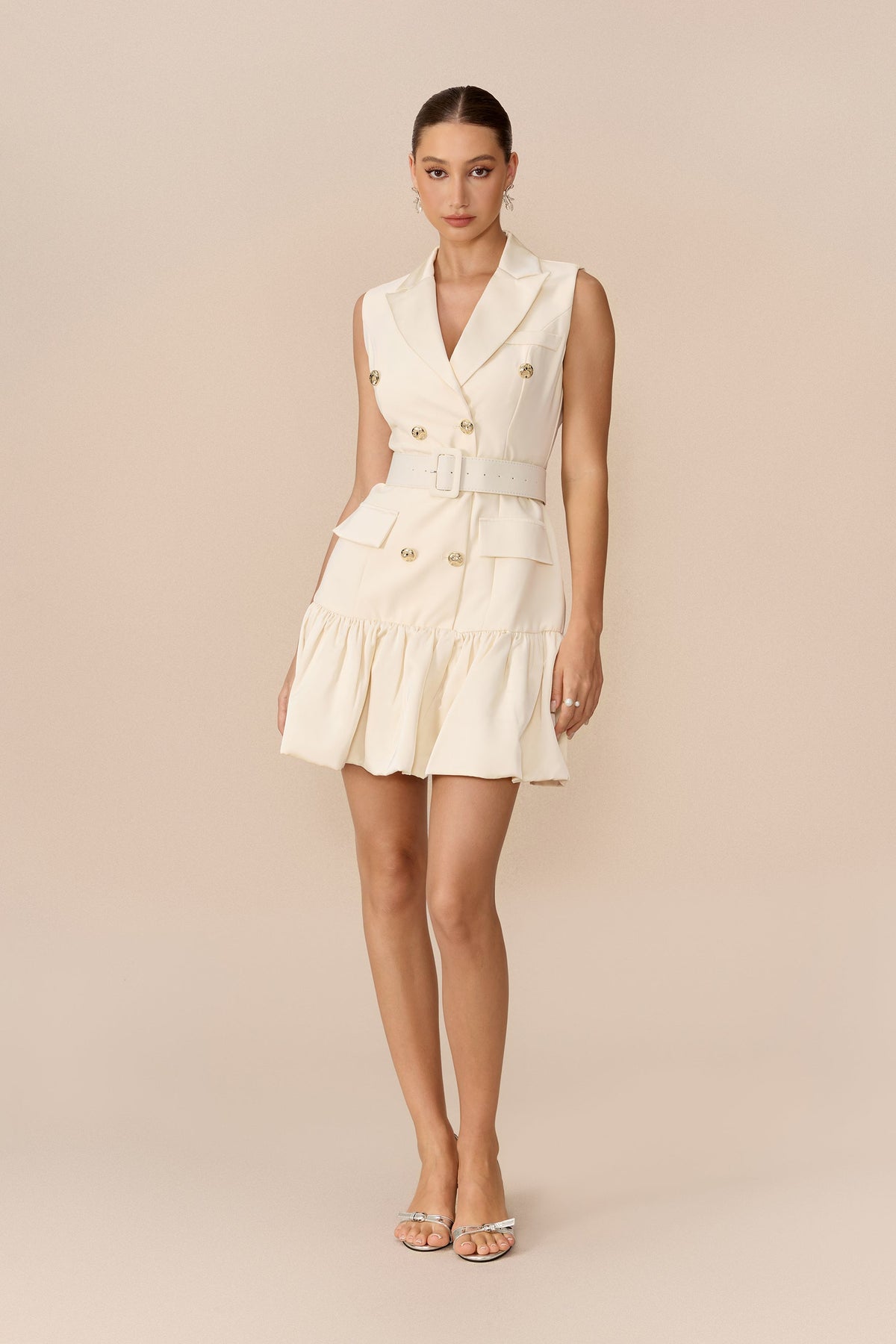 Apricot Double-Breasted Belted Ruffle Hem Mini Dress