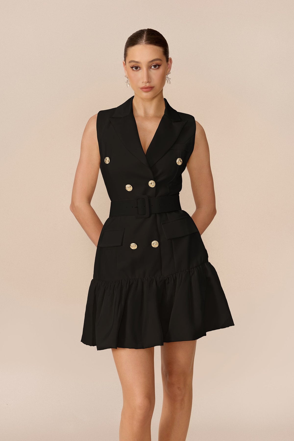 Black Double-Breasted Gold-Button Belted Ruffle-Hem Mini Dress