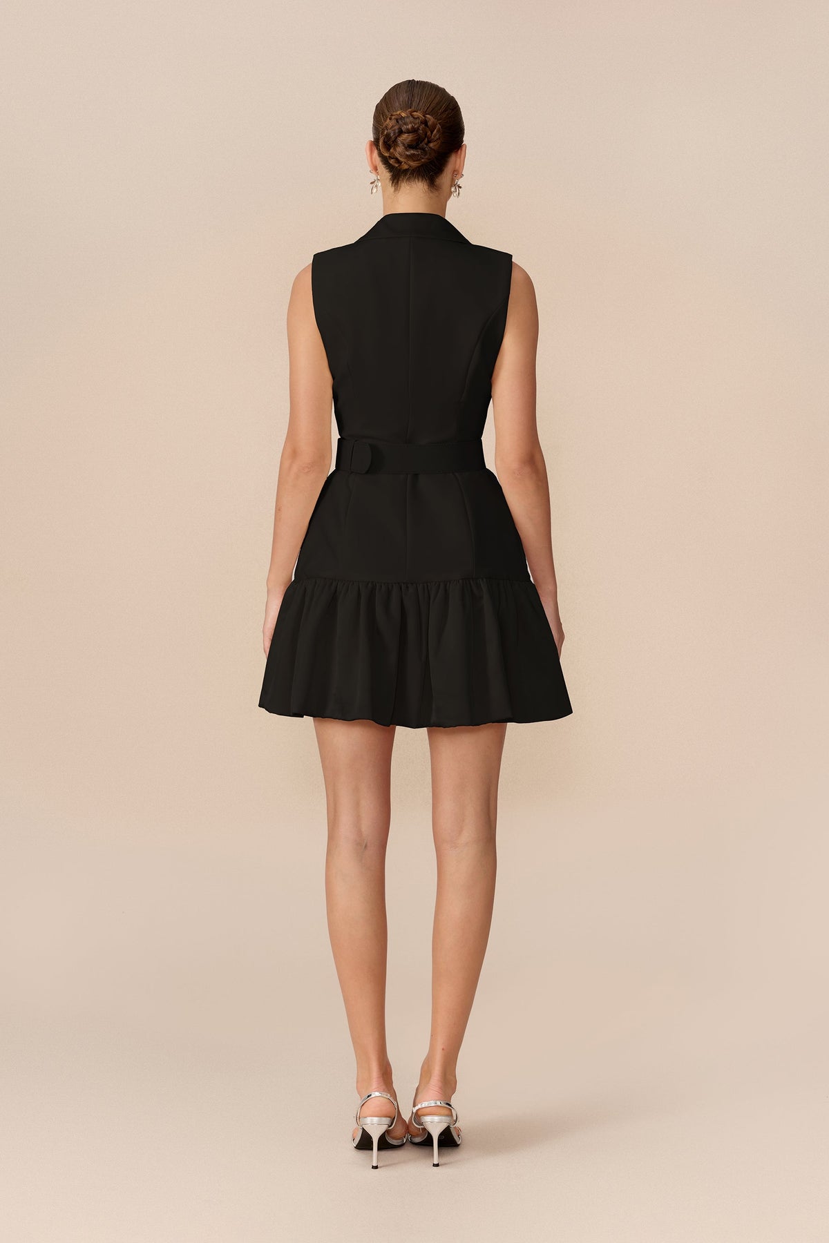 Black Double-Breasted Gold-Button Belted Ruffle-Hem Mini Dress