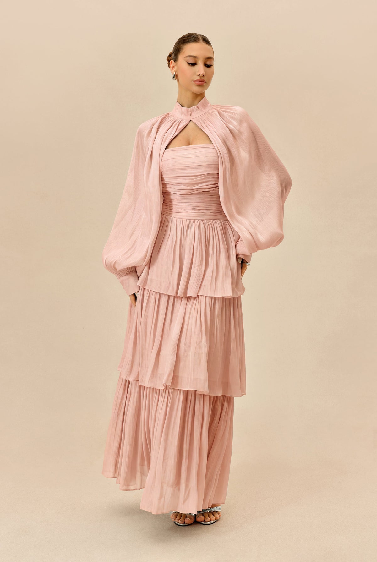 Pink Chiffon Tiered Detachable Sleeve Wedding Guest Maxi Dress