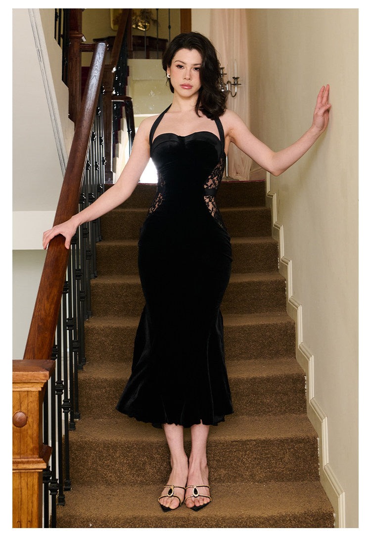 Velvet Lace Dress - Elegant Halter Neck