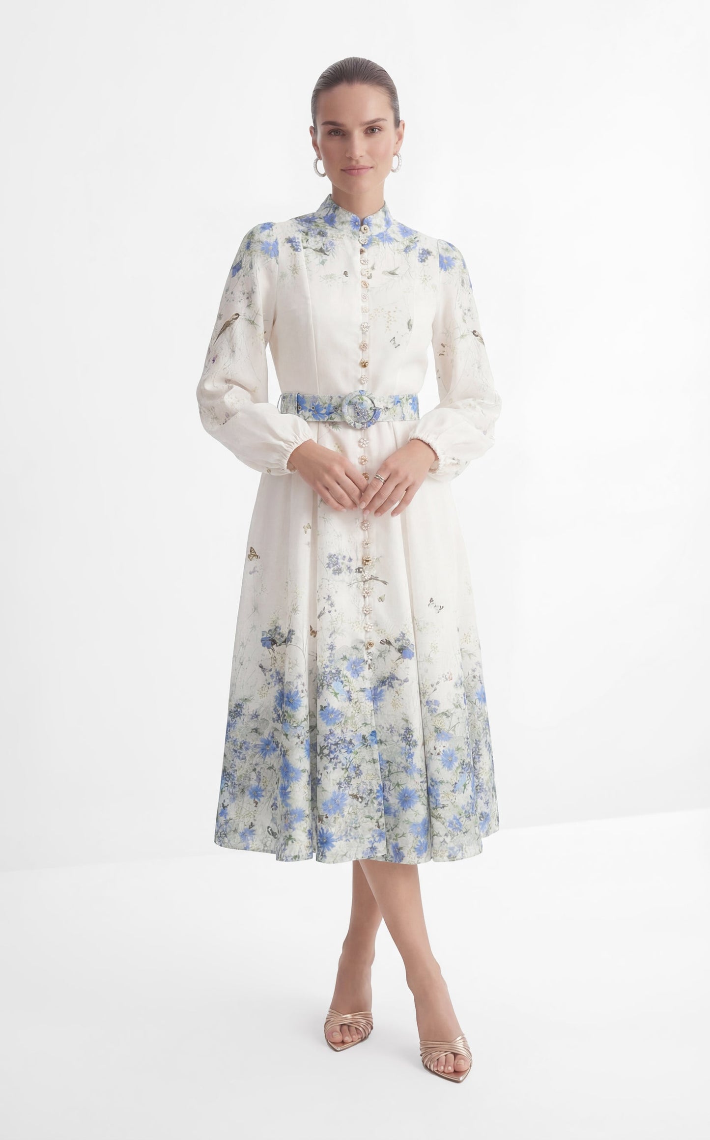Nadia Exquisite White Floral Print Balloon Sleeve Maxi Dress