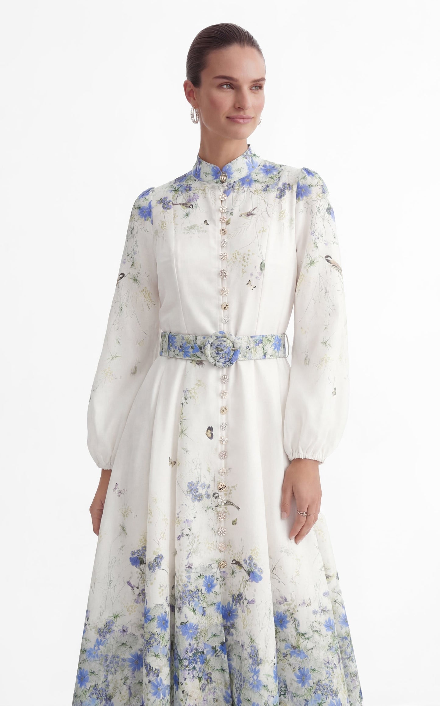 Nadia Exquisite White Floral Print Balloon Sleeve Maxi Dress