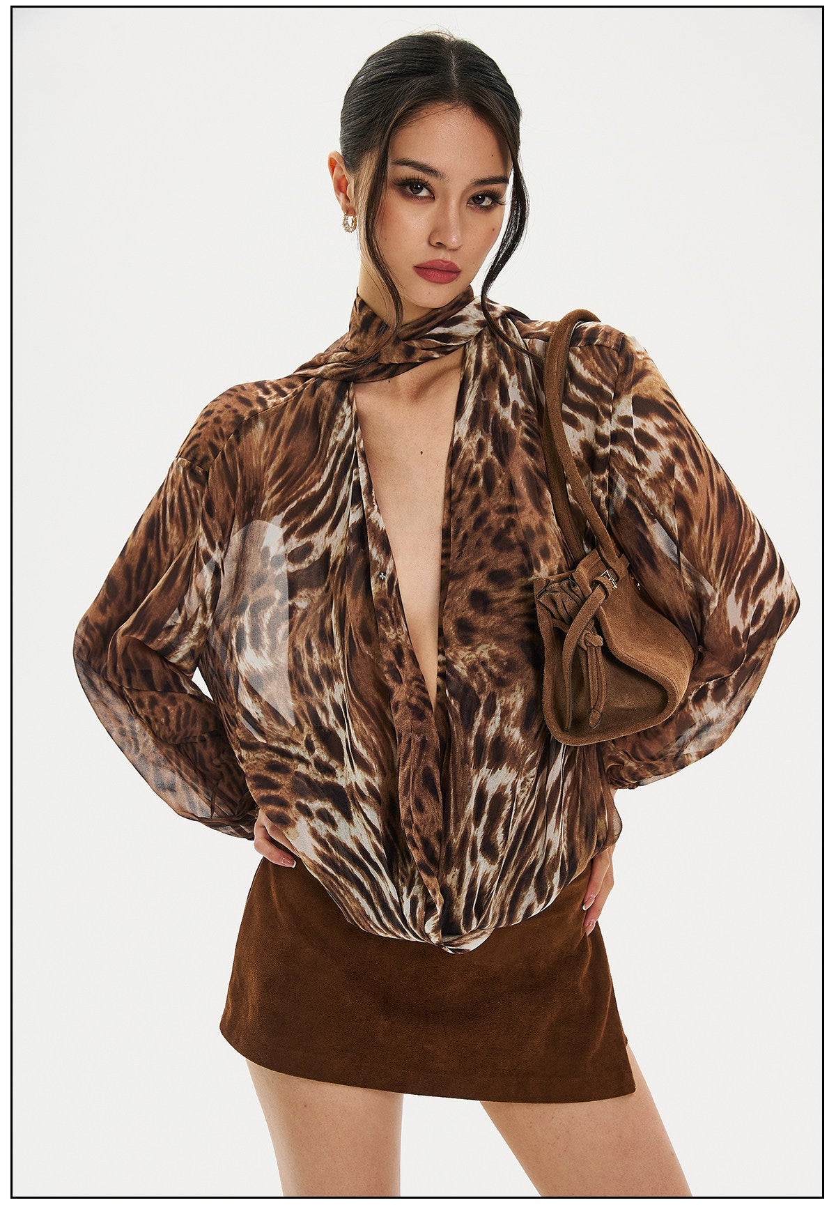 Chiffon Blouse - Leopard Print V-Neck Design