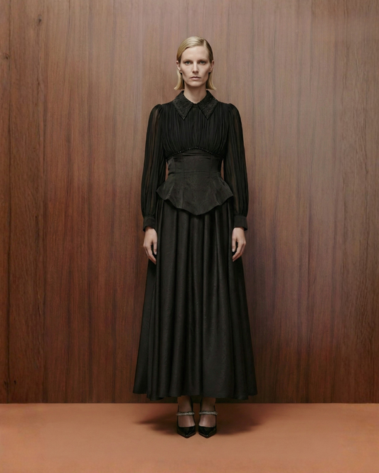 Elegant Black Beaded Collar Corset Maxi Dress