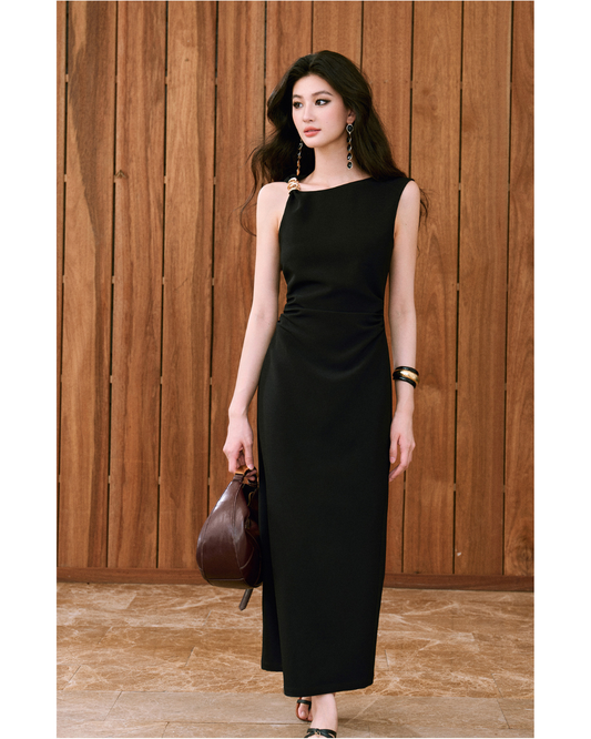 Micro-elastic Twill Dress - Asymmetrical Ruched Waist