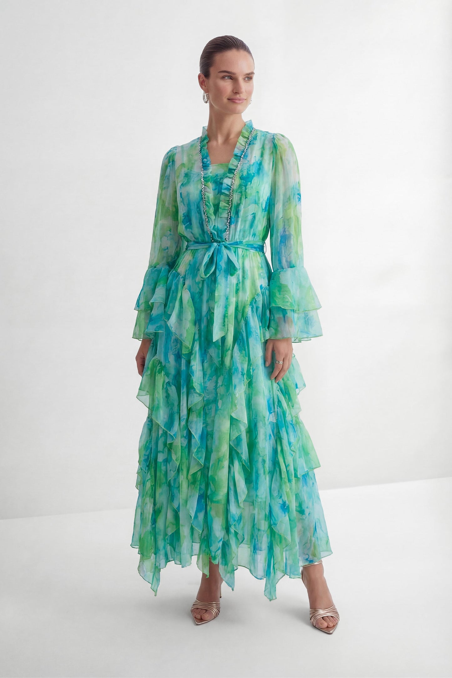 Selene Mint Green Abstract Print Tiered Ruffle Maxi Dress