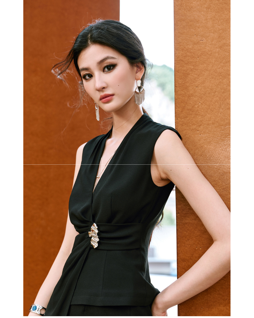 Viscose Sleeveless Top - Overlap V Collar with Pleating