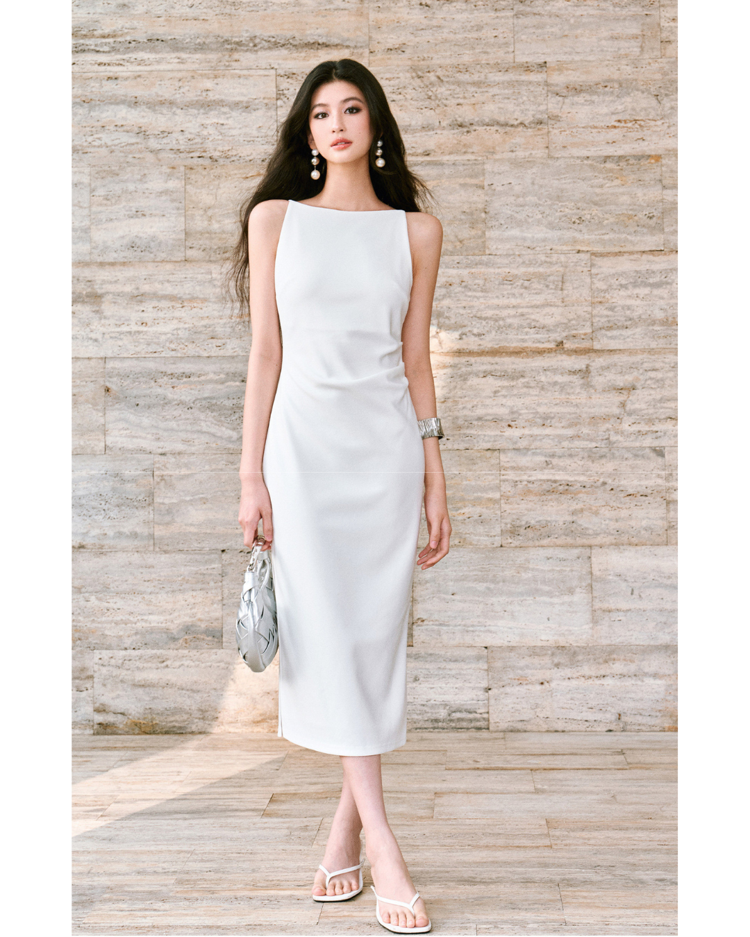 Mulberry Silk Off-the-Shoulder Tank Dress - Slim Fit with Pleated Details