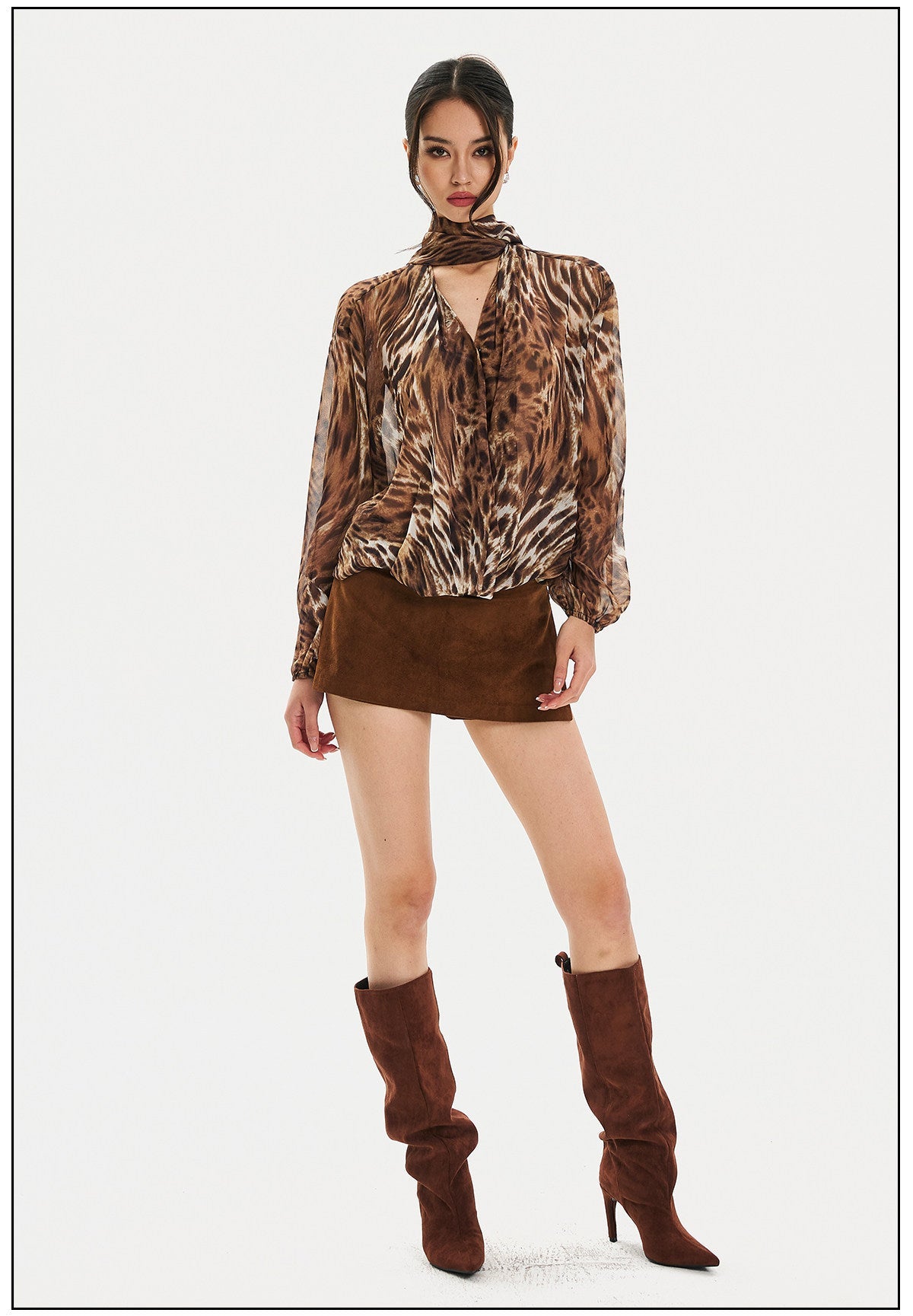 Chiffon Blouse - Leopard Print V-Neck Design