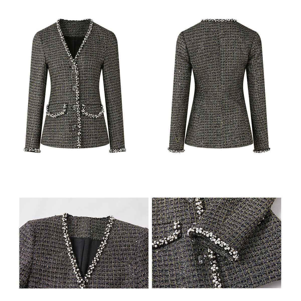 Tweed Short Coat with Pearl Embellishments