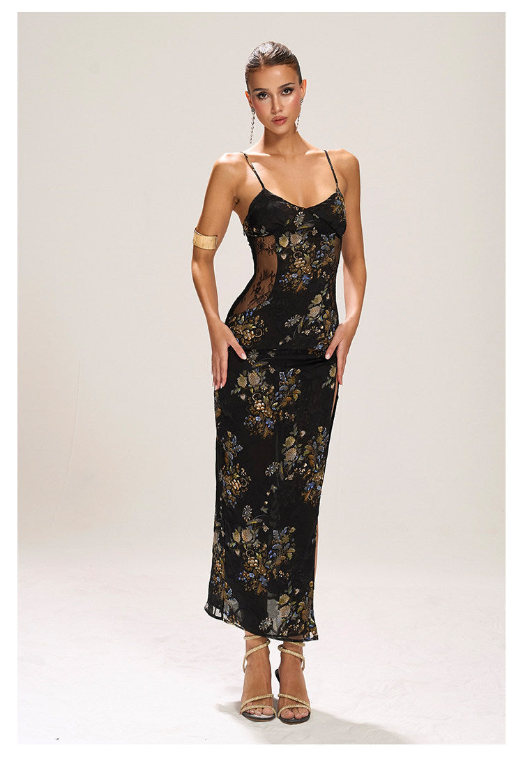 Polyester Long Dress with Lace Design