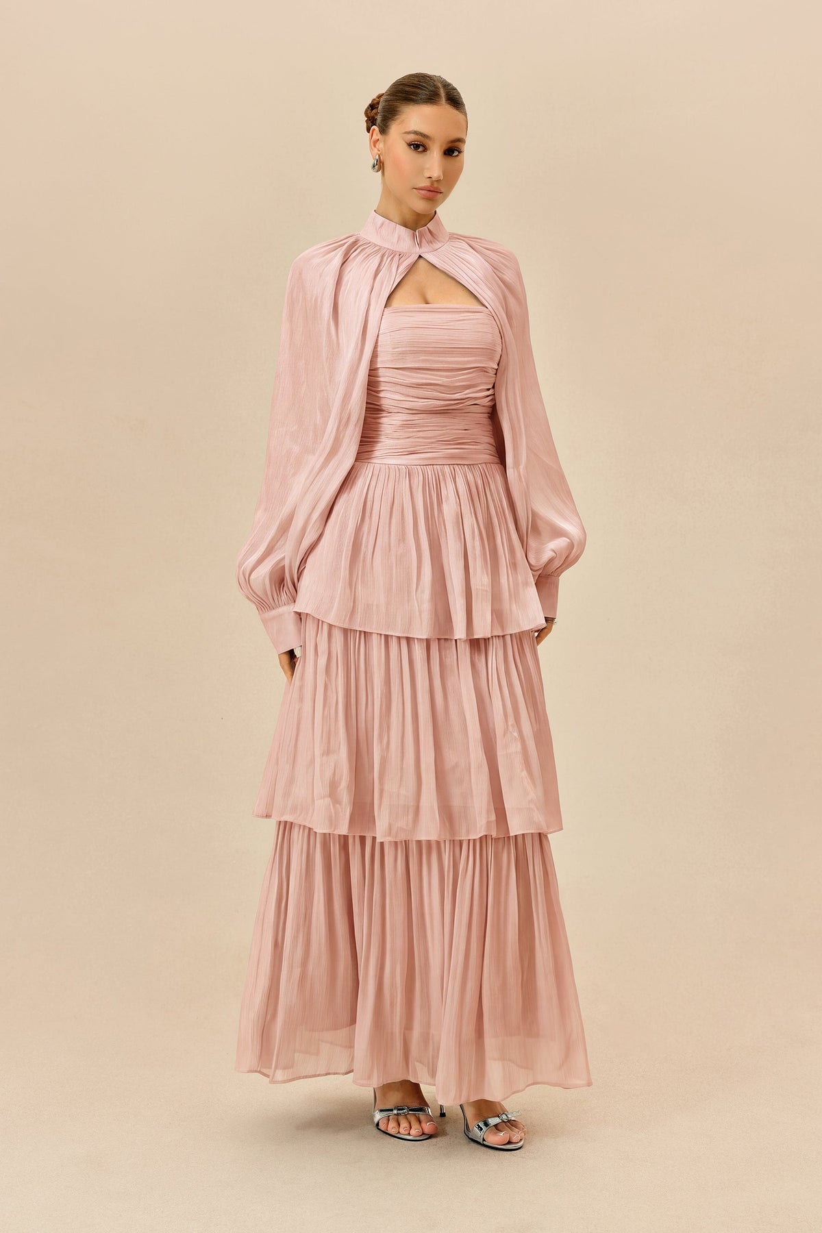 Pink Chiffon Tiered Detachable Sleeve Wedding Guest Maxi Dress