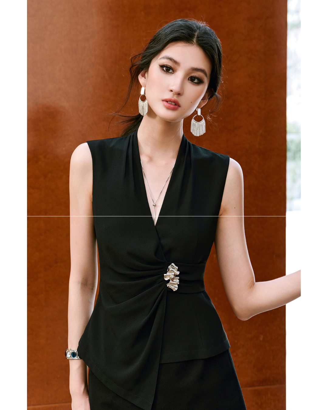 Viscose Sleeveless Top - Overlap V Collar with Pleating