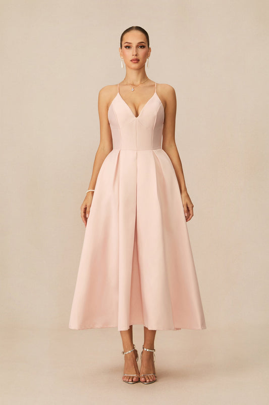 Stella Charming Pink V-Neck Spaghetti Straps Midi Dress