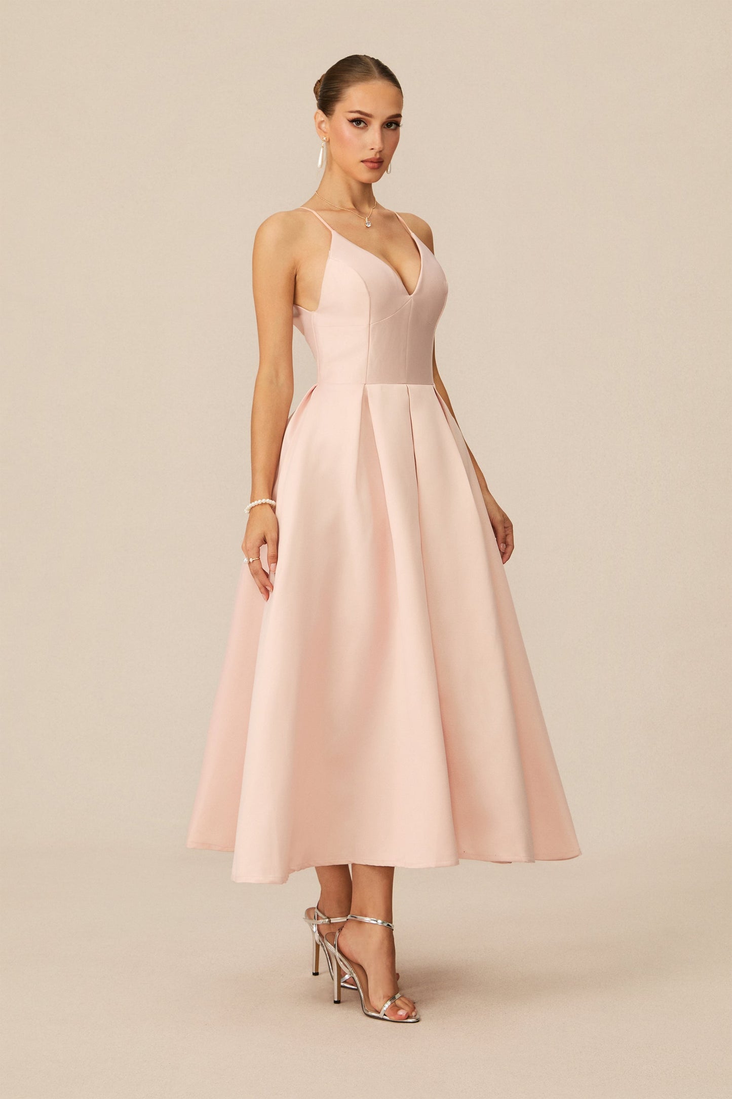 Stella Charming Pink V-Neck Spaghetti Straps Midi Dress