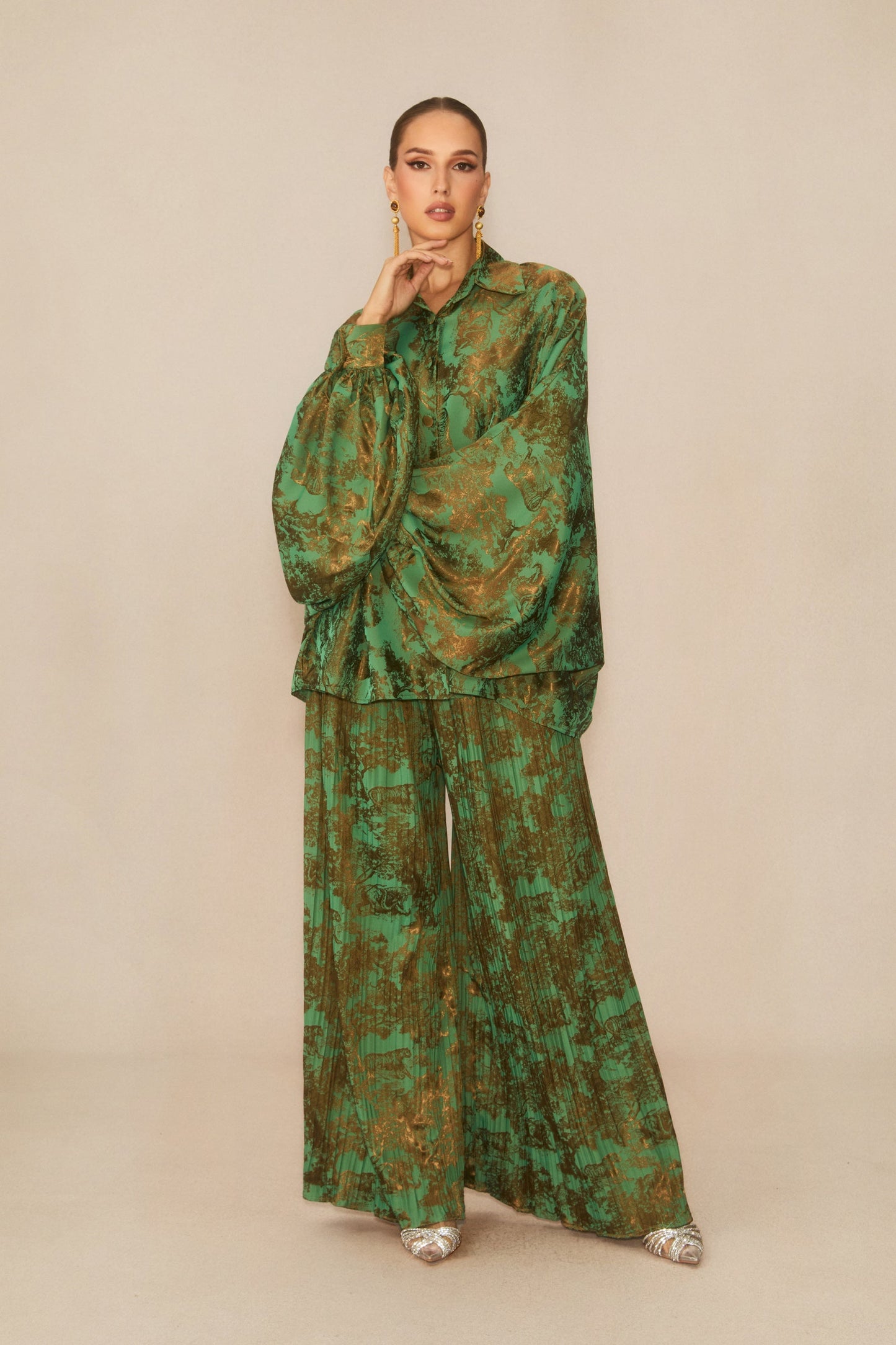 Lia Green Printed Blouse and Pleated Wide Leg Pants Set