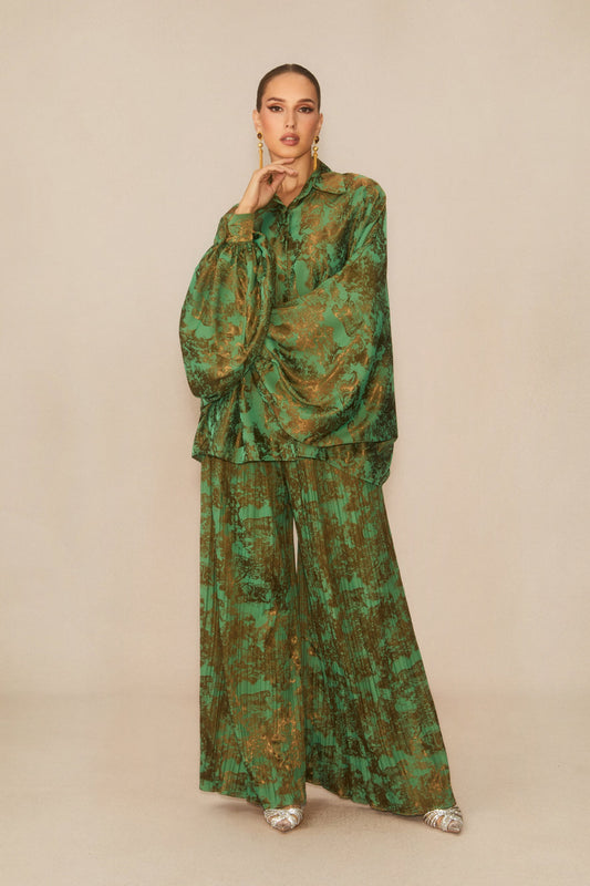 Lia Green Printed Blouse and Pleated Wide Leg Pants Set