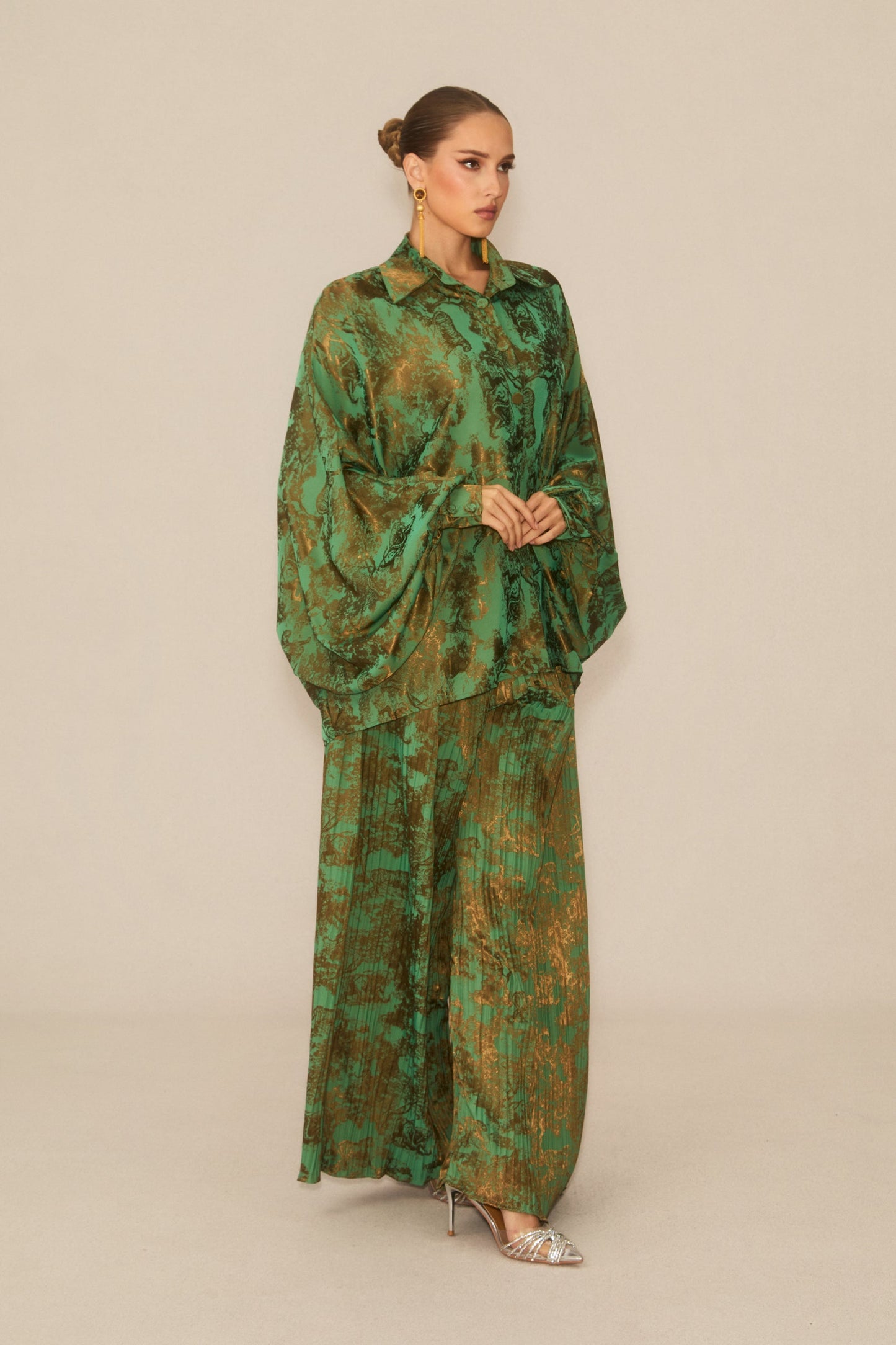 Lia Green Printed Blouse and Pleated Wide Leg Pants Set