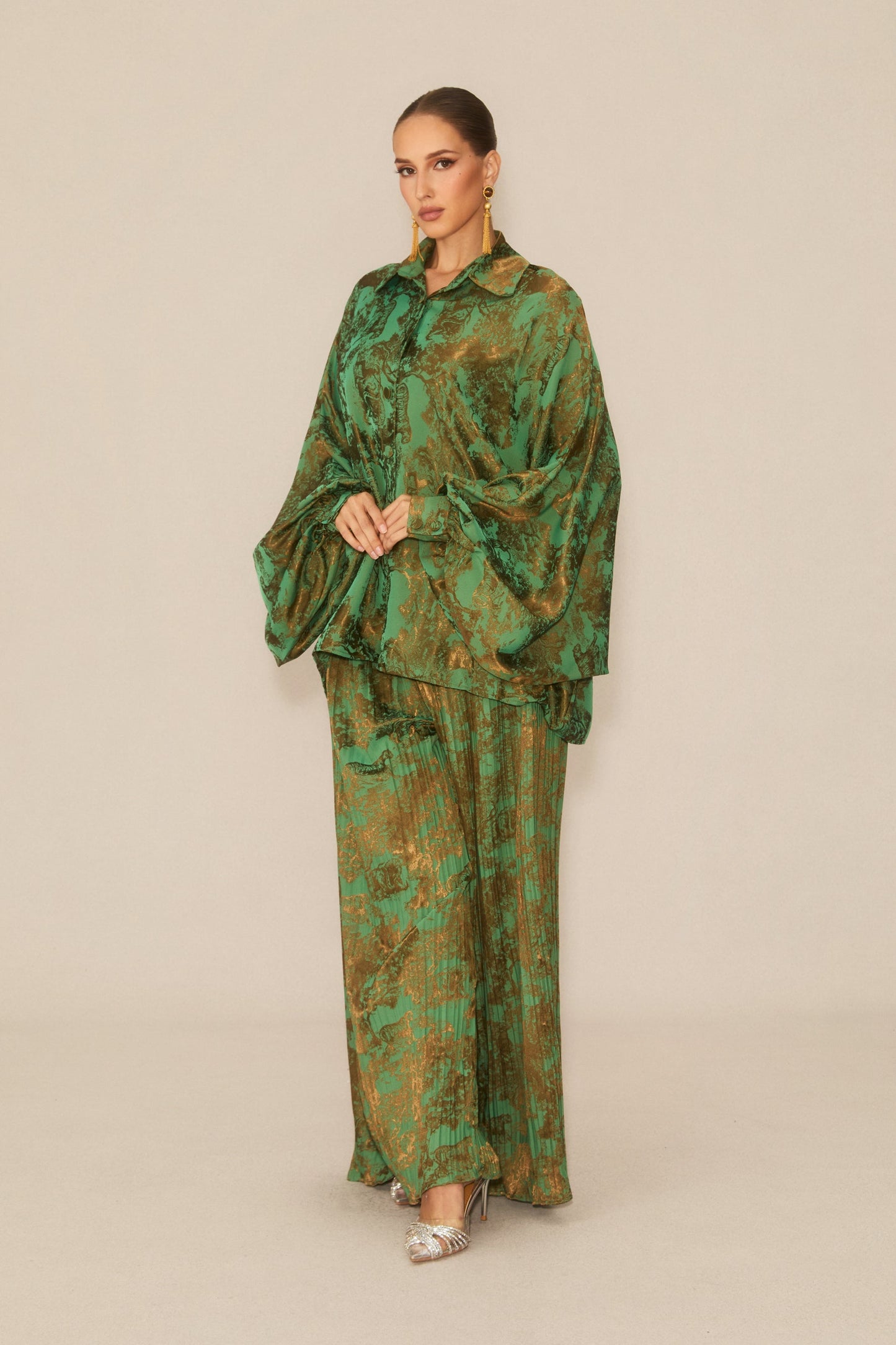 Lia Green Printed Blouse and Pleated Wide Leg Pants Set