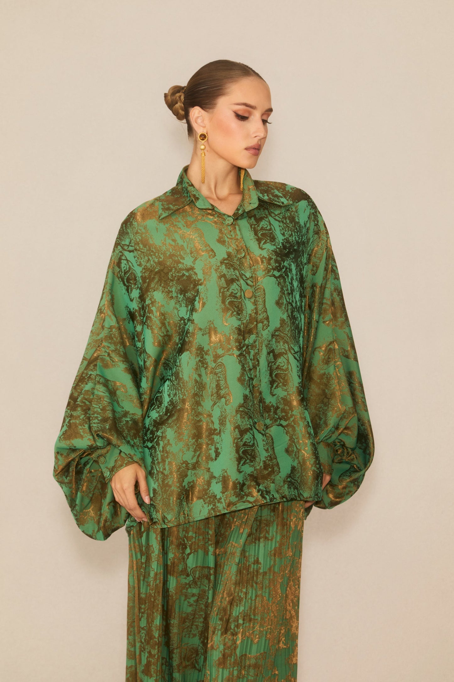 Lia Green Printed Blouse and Pleated Wide Leg Pants Set