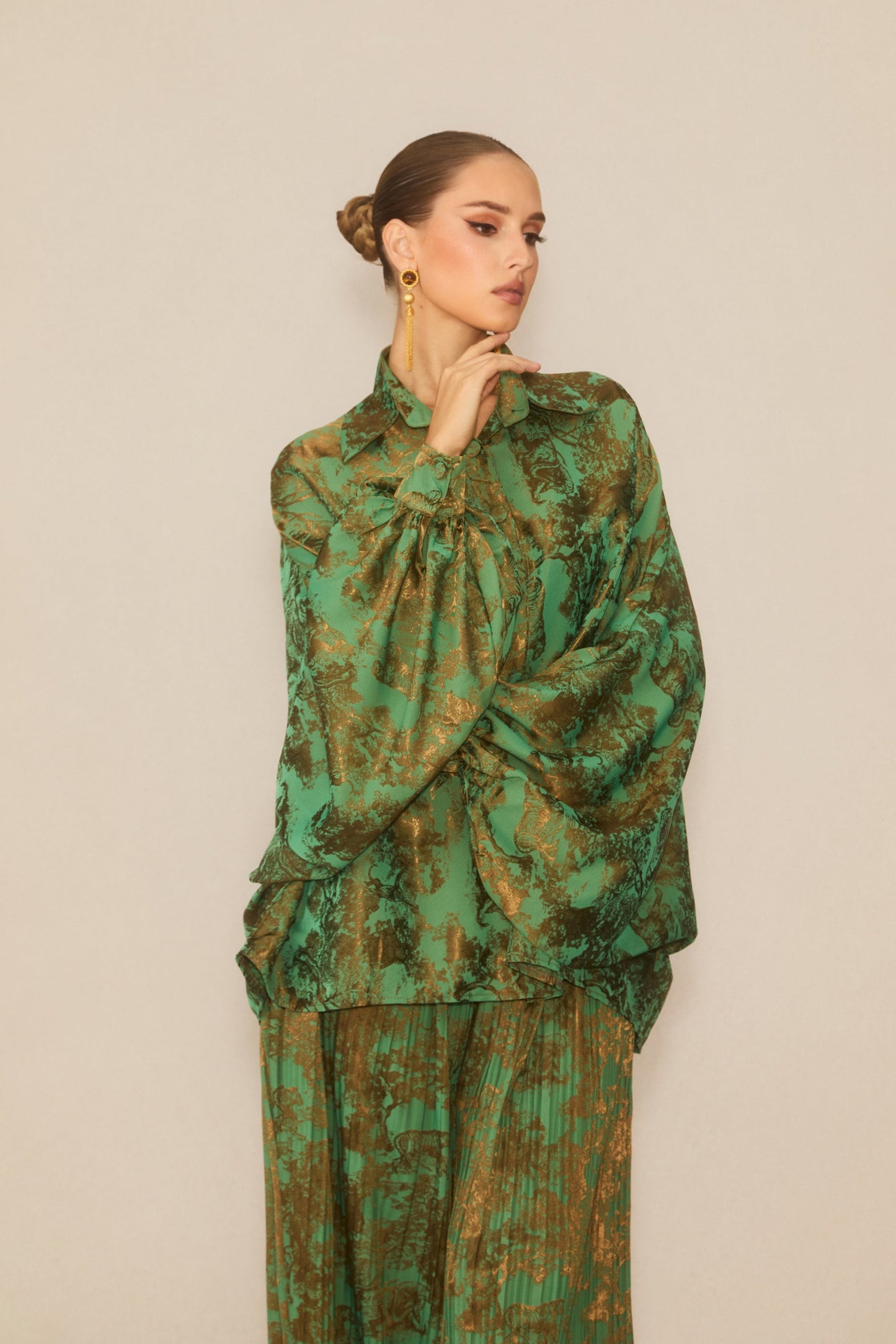 Lia Green Printed Blouse and Pleated Wide Leg Pants Set