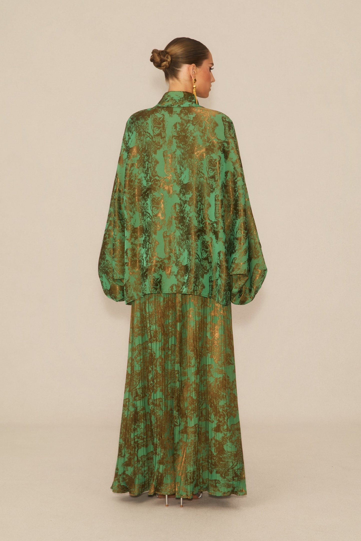 Lia Green Printed Blouse and Pleated Wide Leg Pants Set