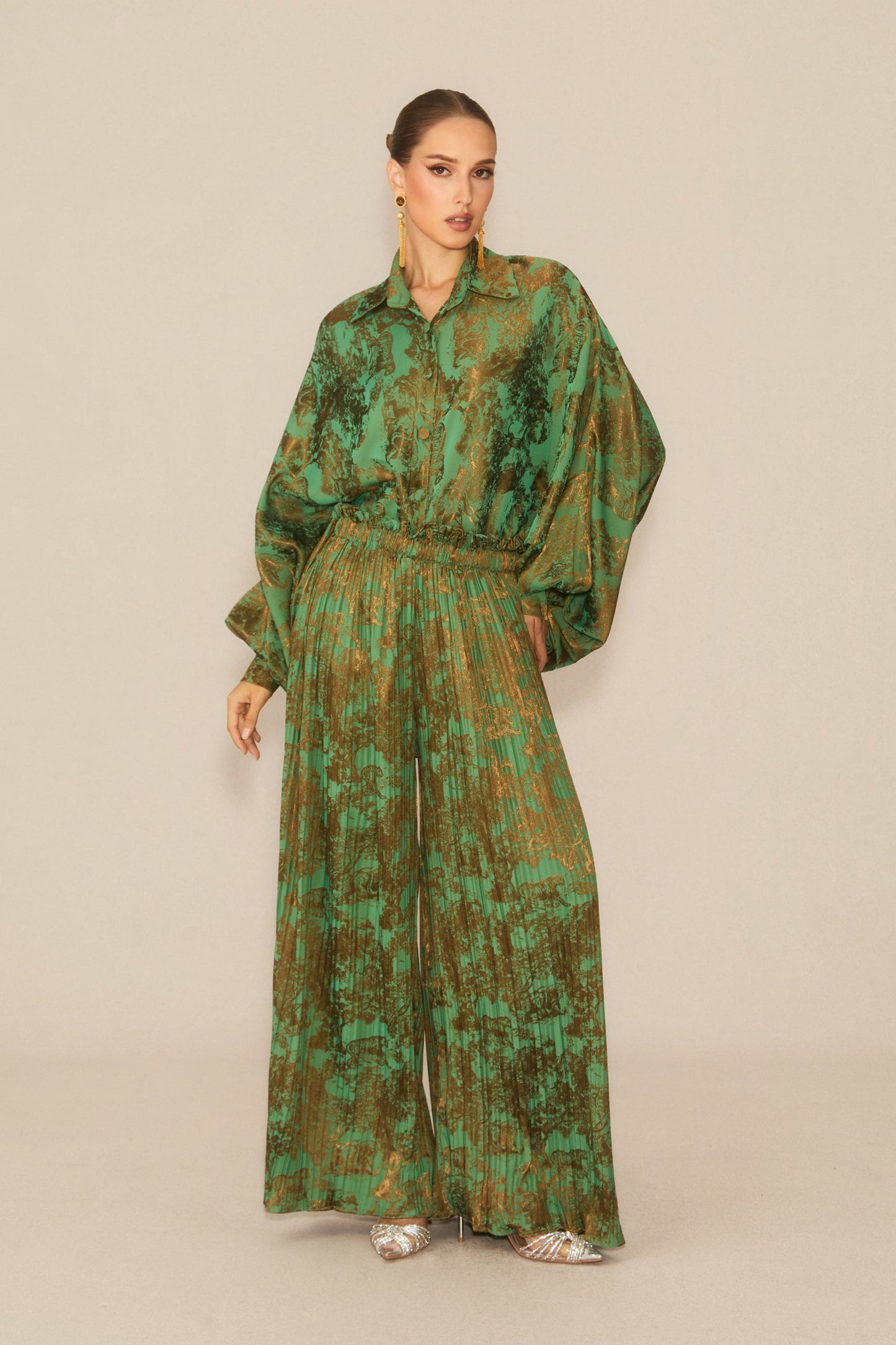 Lia Green Printed Blouse and Pleated Wide Leg Pants Set