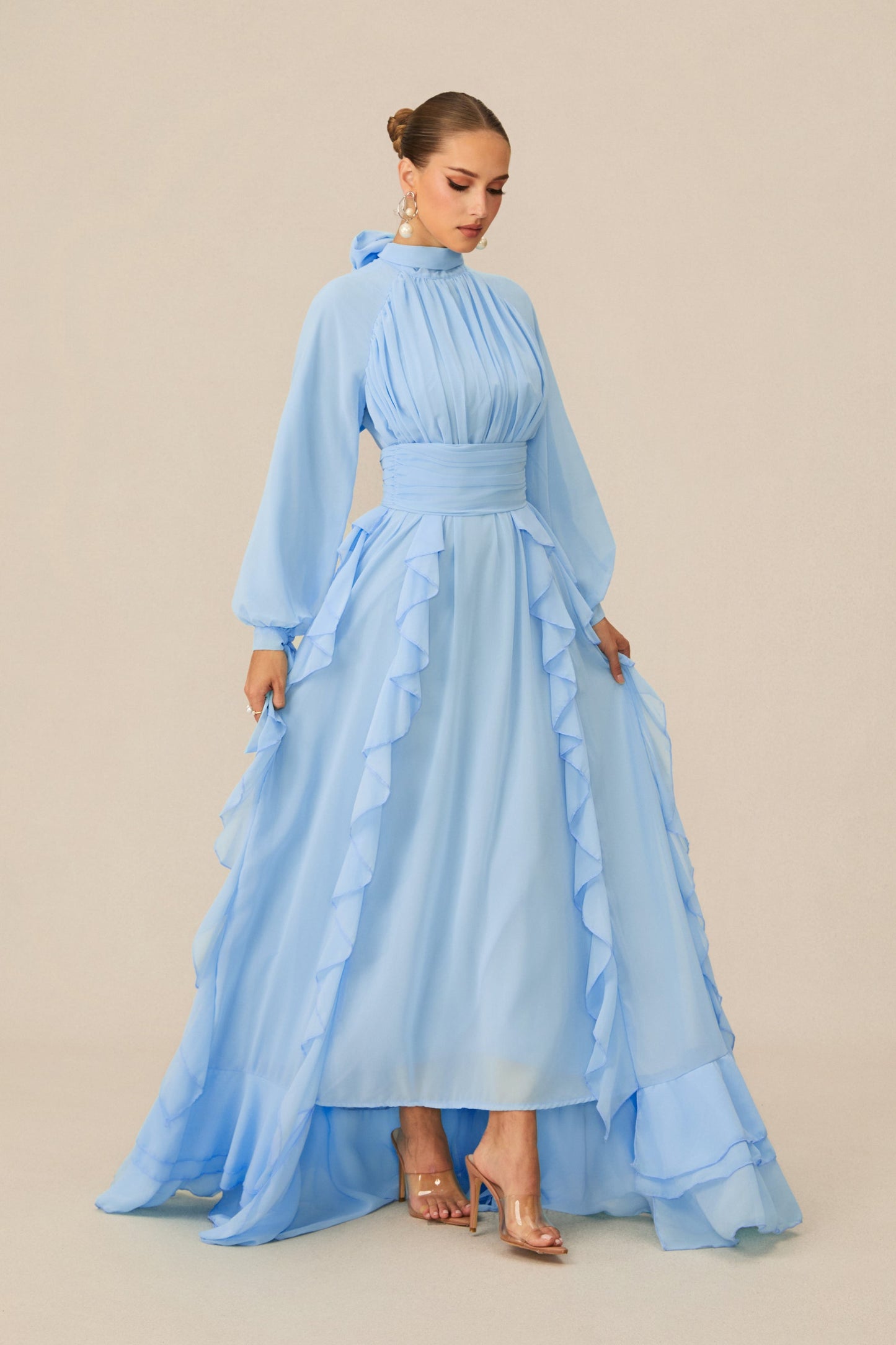 Uma Dreamy Balloon Sleeve Ruffle Chiffon Maxi Dress