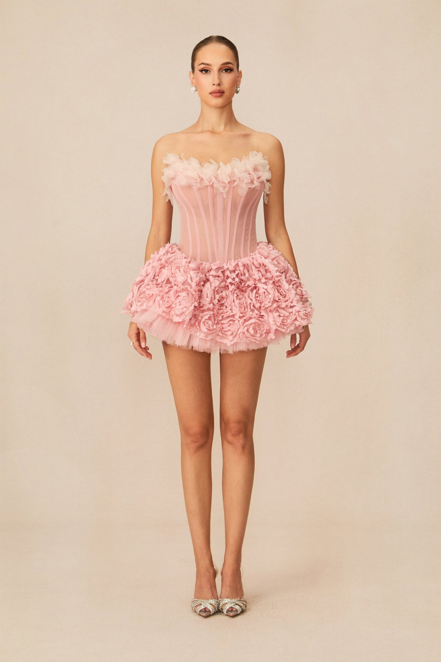 Meg Lovely Floral Applique Strapless Corset Mini Dress