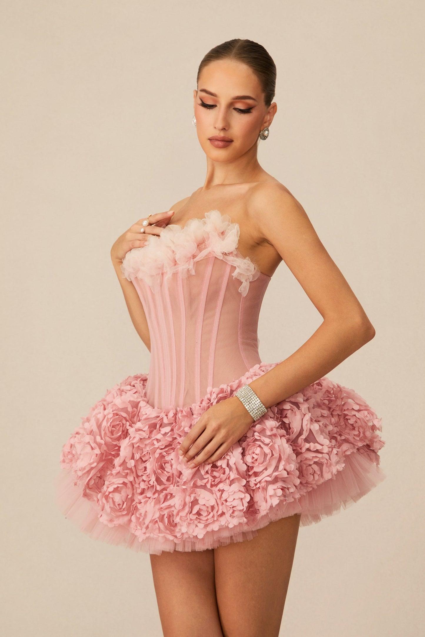 Meg Lovely Floral Applique Strapless Corset Mini Dress