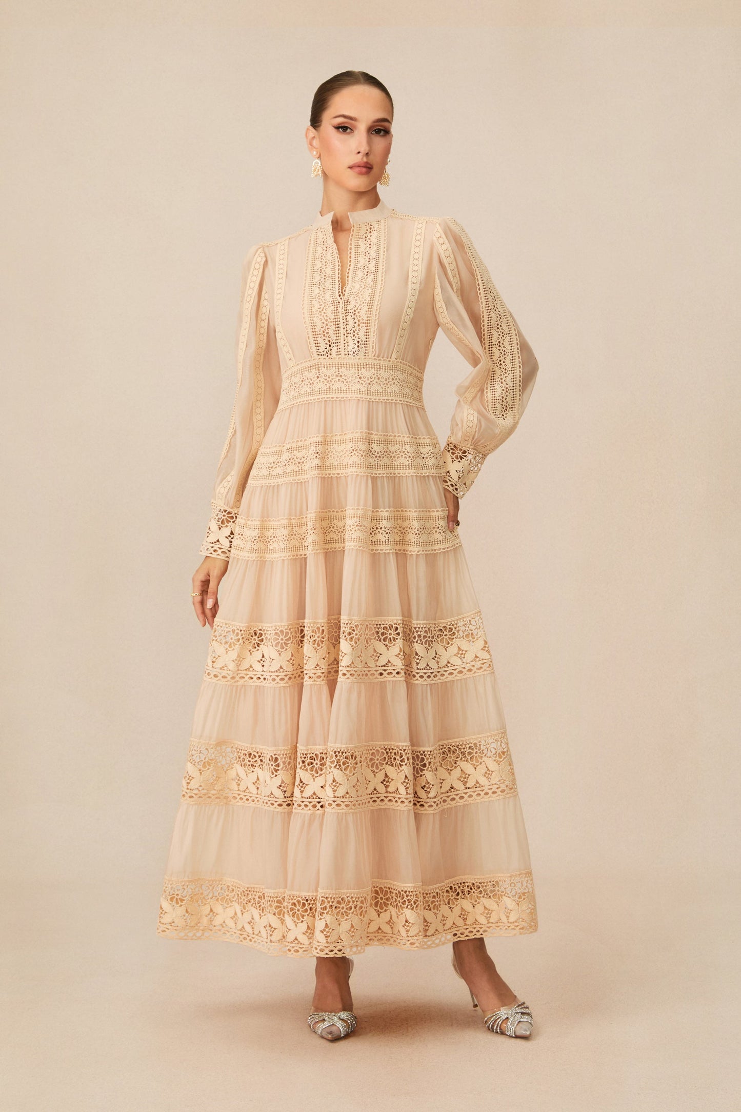Noelle Beige Embroidered Lace Maxi Dress