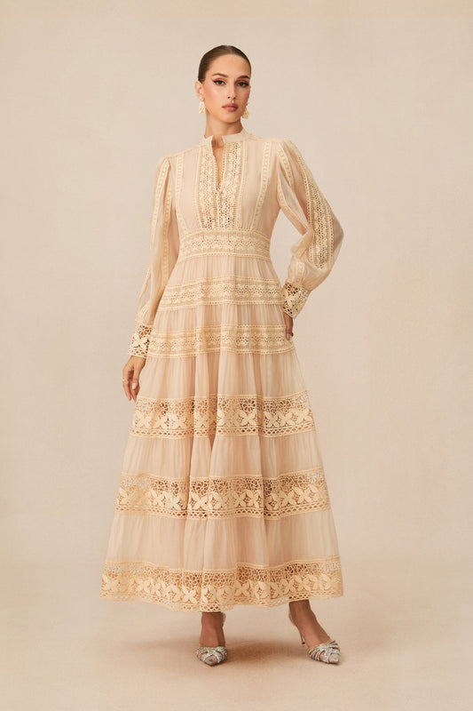 Noelle Beige Embroidered Lace Maxi Dress