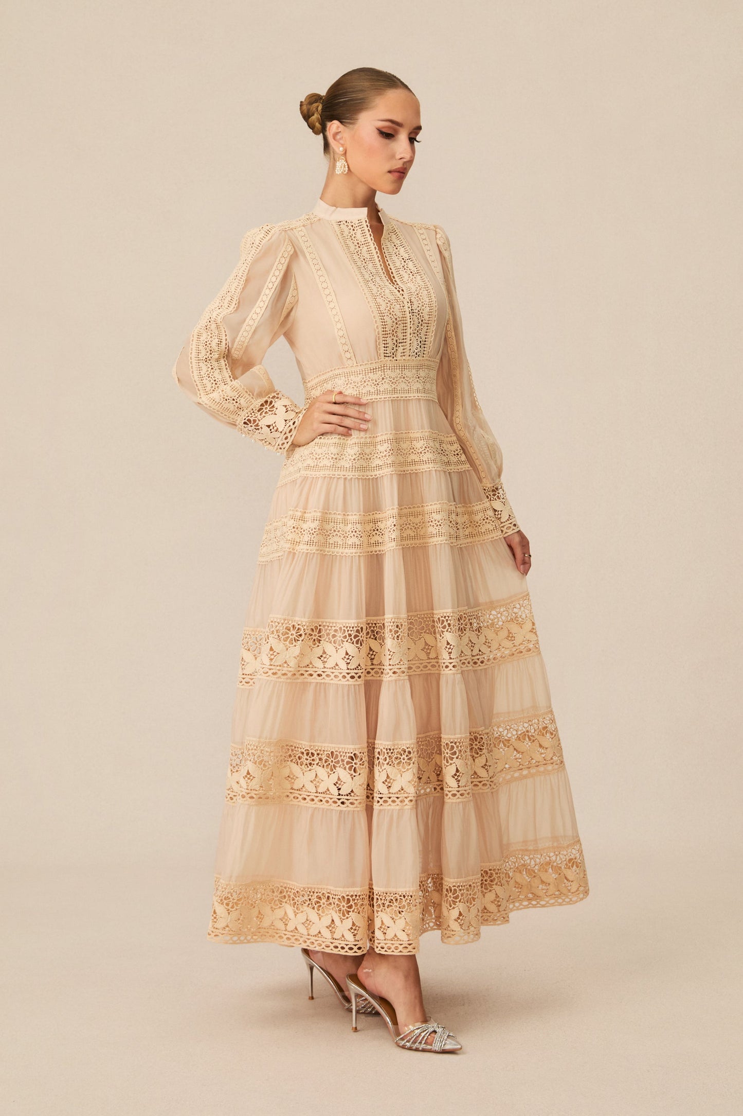 Noelle Beige Embroidered Lace Maxi Dress