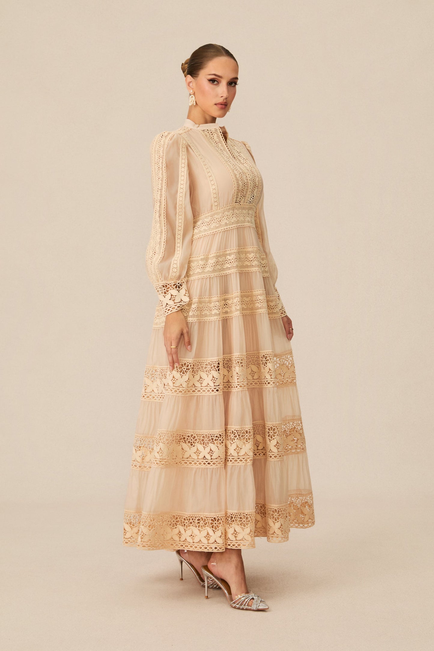 Noelle Beige Embroidered Lace Maxi Dress