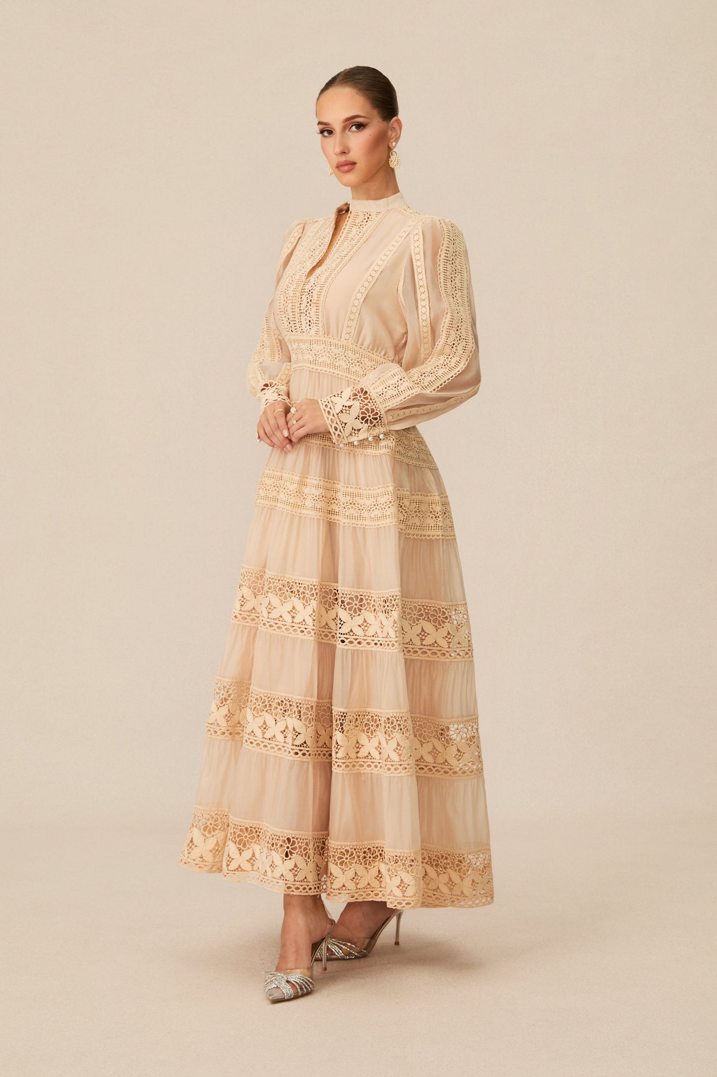 Noelle Beige Embroidered Lace Maxi Dress