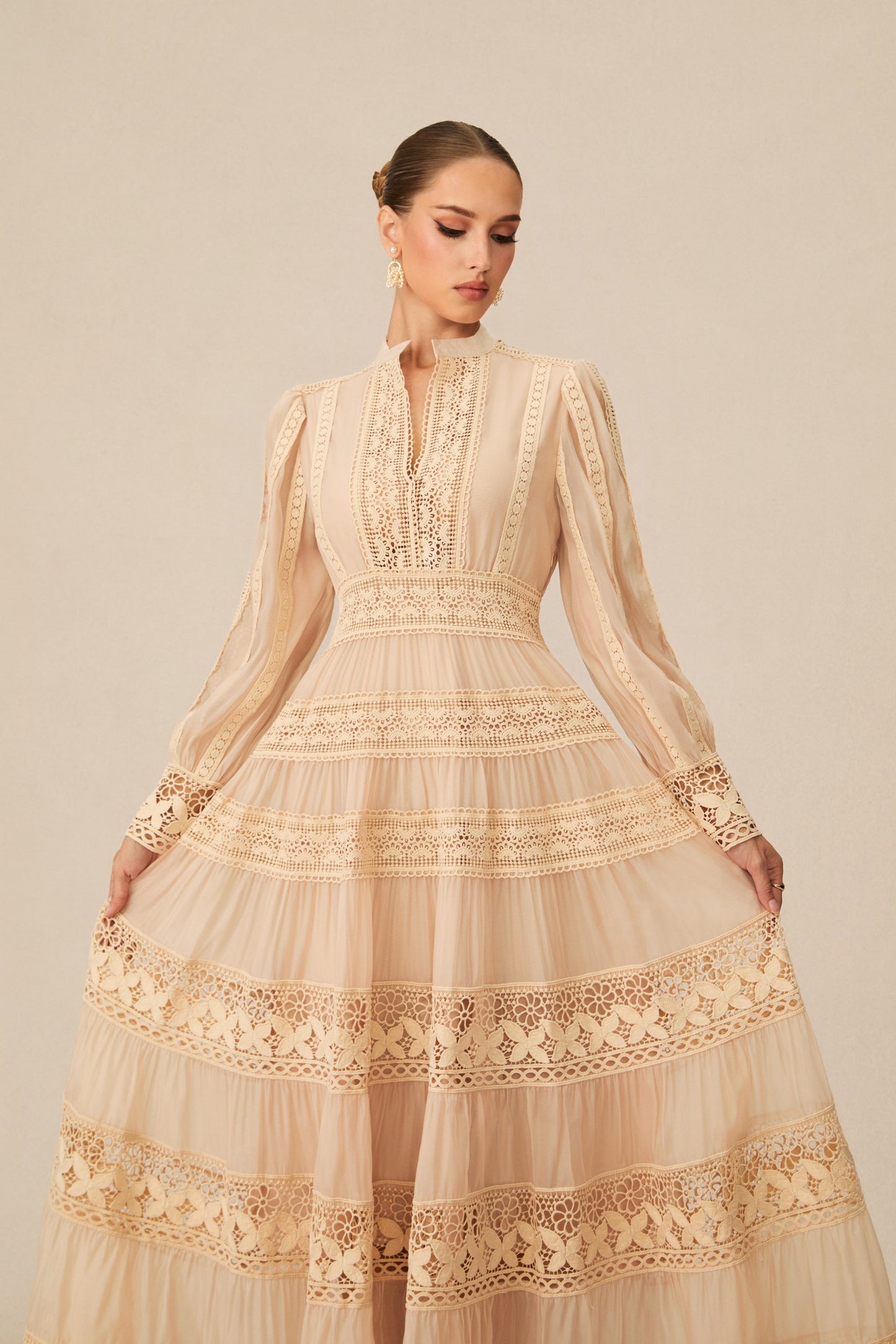 Noelle Beige Embroidered Lace Maxi Dress