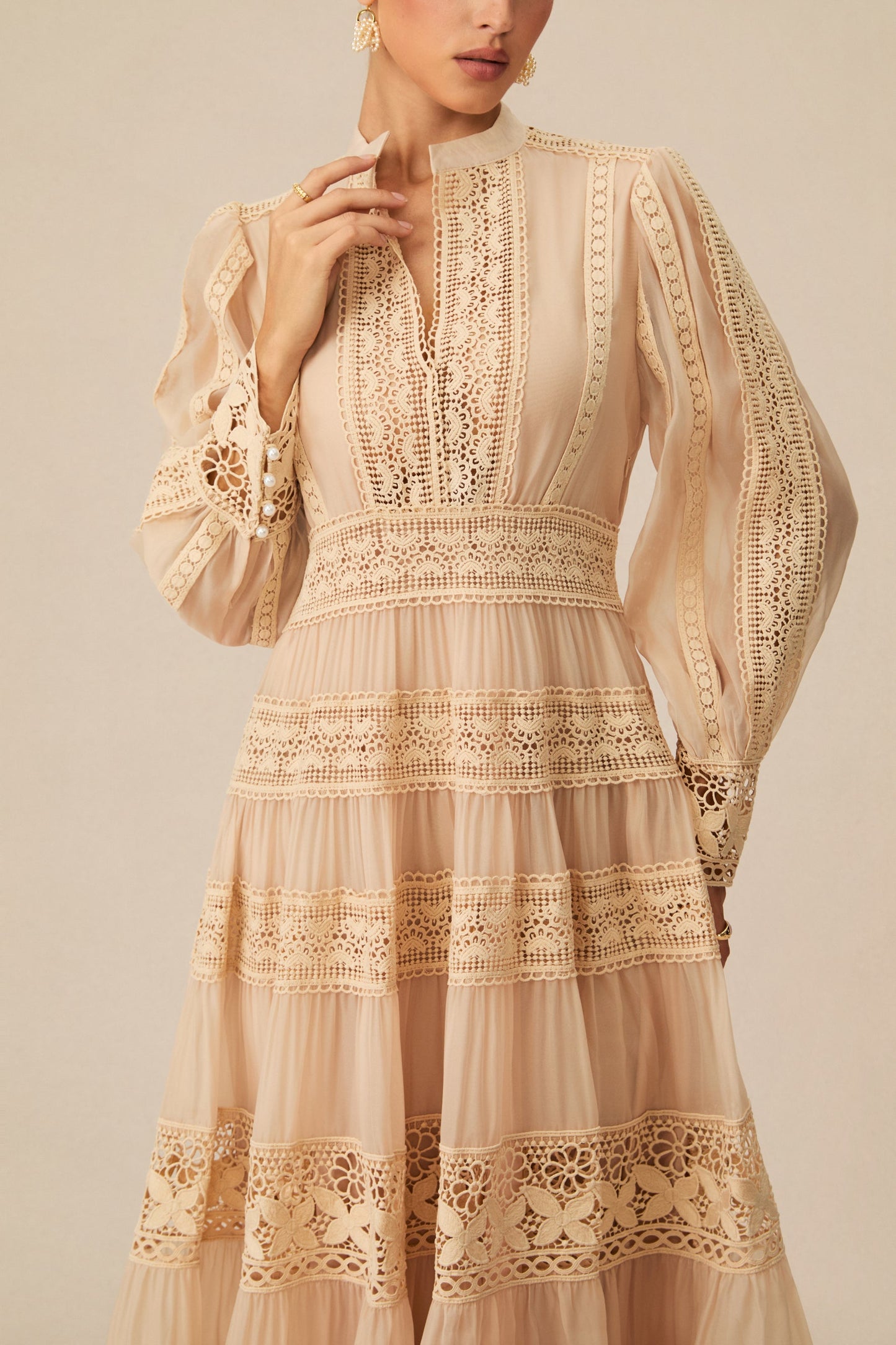 Noelle Beige Embroidered Lace Maxi Dress
